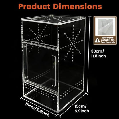 Jumping Spider Enclosure, 6"×6"×11.8" Dual Magnetic Door Arboreal Tarantula Cribs, Ventilation Spider House, Escape Proof Praying Mantis Habitat, Acrylic Snail Cage, Acrylic Terrarium Habitat
