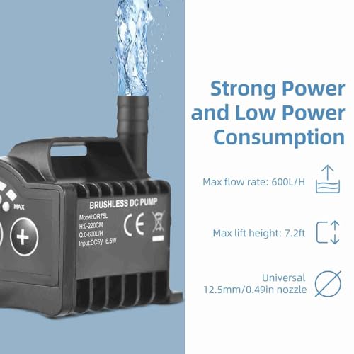6.5W Electric with 8 Adjustable Levels, 7.2ft Lift Height, 5V USB Mini Fountain Pump for Aquarium, Fountain, Cooling (QR75L) - color: Qr75l
