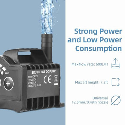6.5W Electric with 8 Adjustable Levels, 7.2ft Lift Height, 5V USB Mini Fountain Pump for Aquarium, Fountain, Cooling (QR75L) - color: Qr75l