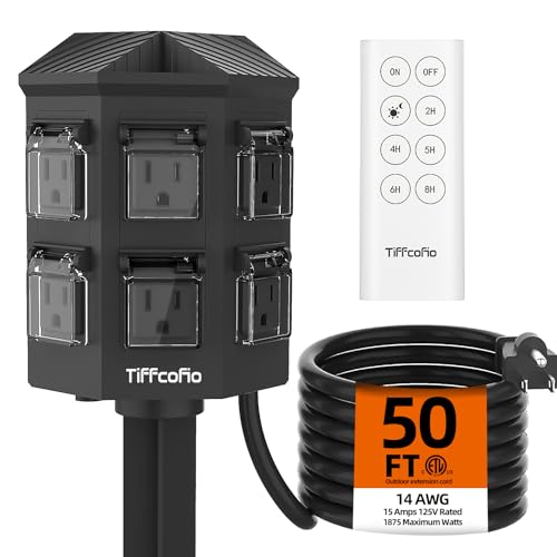 TiFFCOFiO Outdoor Power Strip with 50 FT Extension Cord, 100FT Remote Control, Dusk to Dawn Light Timer Waterproof, 6 Grounded Outlets for Yard, Pool and Garden, ETL Listed (50 FT) - size: 50 FT