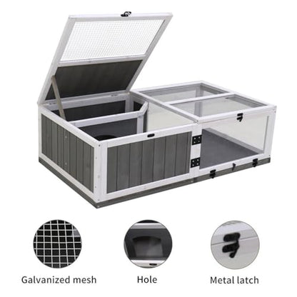 43" Wooden Tortoise Habitat Indoor Outdoor, Large Tortoise Enclosure with 2 Rooms, Waterproof Tray & Acrylic Window, Reptile Terrarium Cage Reptiles Feeding Box for Turtles Lizards Snakes, Grey
