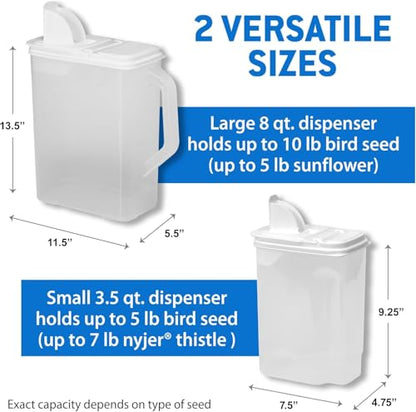 Buddeez Pet Food Storage Containers - 2 Count Bird Seed Dispenser with Pour Tight Lids and Easy Pour Spouts, 8 Qt and 3.5 Qt, Bird Seed Storage for Small and Large Feed, BPA Free