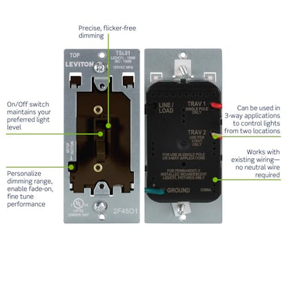 Leviton Toggle Slide LED Advanced Dimmer Switch for 150W Dimmable LED, Halogen and Incandescent Bulbs and Fixtures, TSL01-10B, Brown - color: Brown