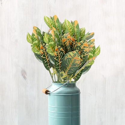 Artificial Croton Plant Leaves Faux Greenery Stems 7-Branch Plastic Tropical Foliage for Reptile Tank Terrarium and Indoor Home Garden Decor 4pcs Set