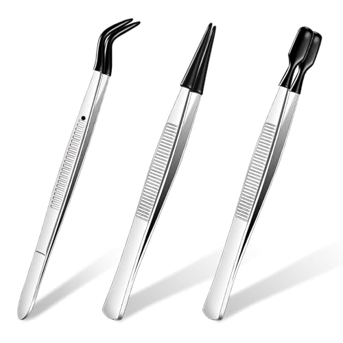 Honoson 3 Pieces Rubber Tipped Tweezers for Crafting Set - PVC Coated Flat, Straight & Bent Tips Stamps, Beads, Jewelry(Black) - color: Black