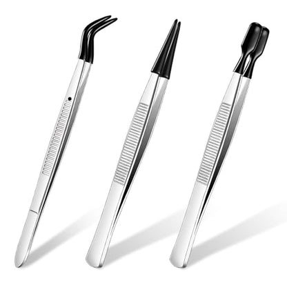 Honoson 3 Pieces Rubber Tipped Tweezers for Crafting Set - PVC Coated Flat, Straight & Bent Tips Stamps, Beads, Jewelry(Black) - color: Black