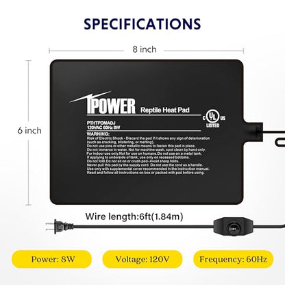 iPower 6x8 Inch Reptile Heating Pad with LCD Digital Aquarium Thermometer, Reptile Heat Mat with Adjustable Temperature Control for Reptiles - color: Black/Heat Pad with Adjust Knob+ Thermometer, size: 6" x 8"