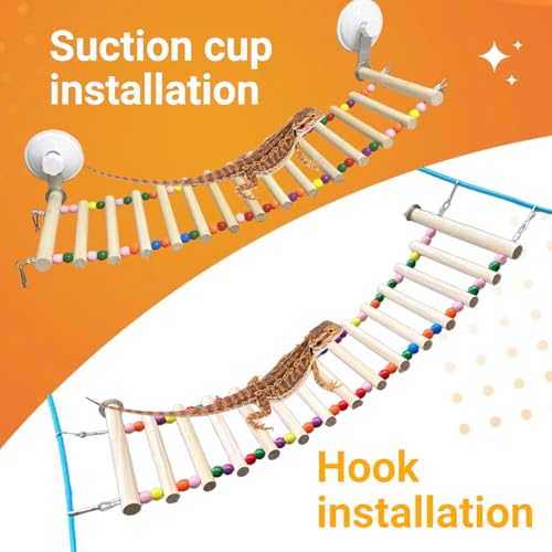 Bearded Dragon Tank Accessories, Wooden Ladder Hammock with Suction Cups for Terrarium, Habitat Climbing Accessories for Bearded Dragon, Gecko, Snake and Other Small Reptile
