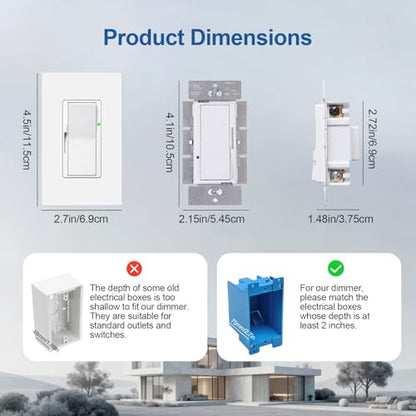 Veltrone White Dimmer Light Switch, Single Pole Slide Dimmer Switches for LED Lights, 5A 600W / 10A 1200W, Flame Retardant 2Pack