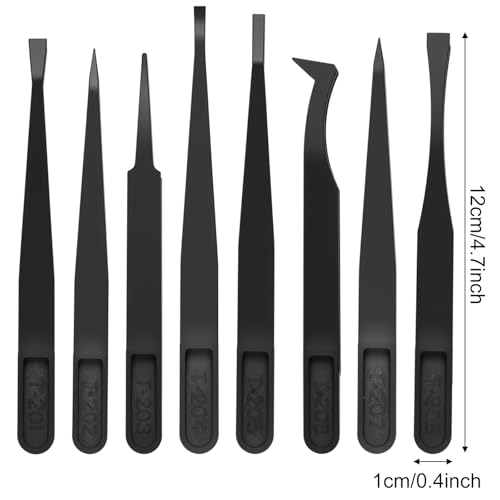 8 PCS Precision Plastic Tweezers, 4.7 Inch Length Precision Anti-Static Tweezers with Curved and Straight Tips for Electronics Assembly, Jewelry-Making, Watch Repair, Crafts Making, Black