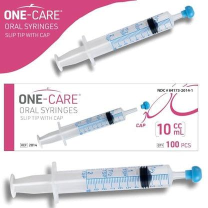 100 Pack, ONE-CARE 10ml Oral Syringe with Cap - Sterile, Individually Wrapped - (100 Syringes 10ml), Slip Tip, Uses include oral administration of medicine for infants, adults and animals - size: 10 ml Blue Scale