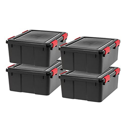 IRIS USA WeatherPro 31 Qt Storage Bins with Lids, 4 Pack, BPA-Free Plastic Gasket Box with Tight Latch and Seal, Stackable Nestable Tote Tub - Black/Red - size: 31 Qt. - 4 Pack