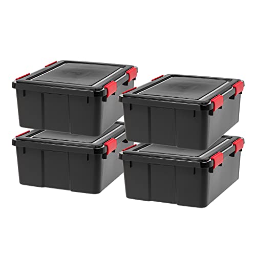 IRIS USA WeatherPro 31 Qt Storage Bins with Lids, 4 Pack, BPA-Free Plastic Gasket Box with Tight Latch and Seal, Stackable Nestable Tote Tub - Black/Red - size: 31 Qt. - 4 Pack