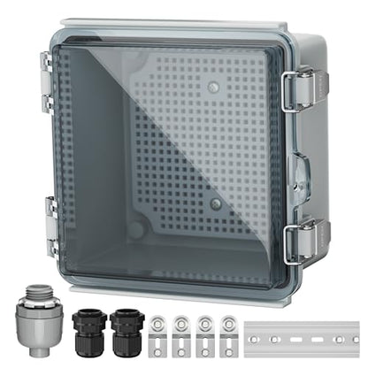 Joinfworld 6x6x4 Outdoor Electrical Box Weatherproof Junction Box | IP67 Waterproof ABS Box with, Stainless Latch, Aluminum DIN Rail, 3 NPT1/2" Fittings for Starlink, Pump & Home DIY - size: 5.9"x5.9"x3.5" Clear