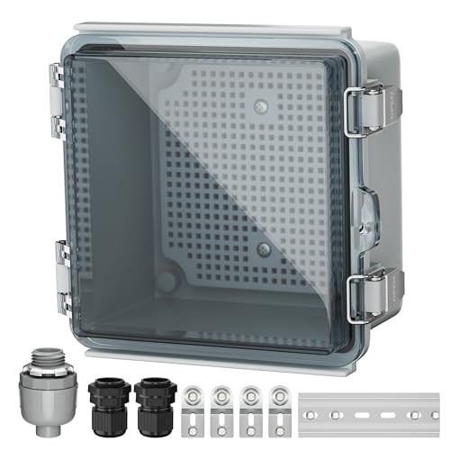 Joinfworld 6x6x4 Outdoor Electrical Box Weatherproof Junction Box | IP67 Waterproof ABS Box with, Stainless Latch, Aluminum DIN Rail, 3 NPT1/2" Fittings for Starlink, Pump & Home DIY - size: 5.9"x5.9"x3.5" Clear