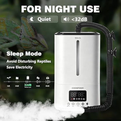 COOSPIDER Reptile Fogger Humidifier, Automatic Humidifiers, Terrarium Humidifiers with Timer Humidity Control, Reptile Mister for Reptiles Amphibians Herps Vivarium (White, 5L/1.32GAL) - color: White