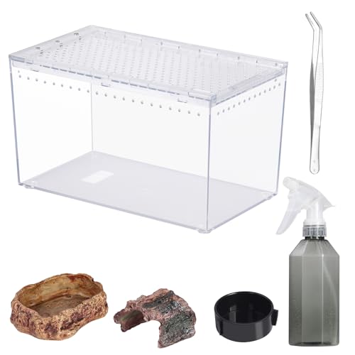 Reptile PC Terrarium 10.2" x 5.9" x 5.7" Full View Reptile Aquarium Tank Starter Kit for Insect Plant Gecko Spider Habitat Amphibians Enclosure with Hide Cave Feeding Bowl - size: M-Starter Kit