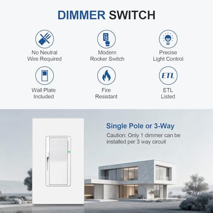 Veltrone White Dimmer Light Switch, Single Pole Slide Dimmer Switches for LED Lights, 5A 600W / 10A 1200W, Flame Retardant 2Pack
