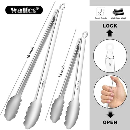 Tong for cooking, Walfos kitchen tongs set of 2 - Heat Resistant 600℉, Heavy Duty Locking Metal cooking Tongs, Stainless Steel BBQ Grilling,(All Metal 12in+16in) - color: All Metal, size: 12in+16in
