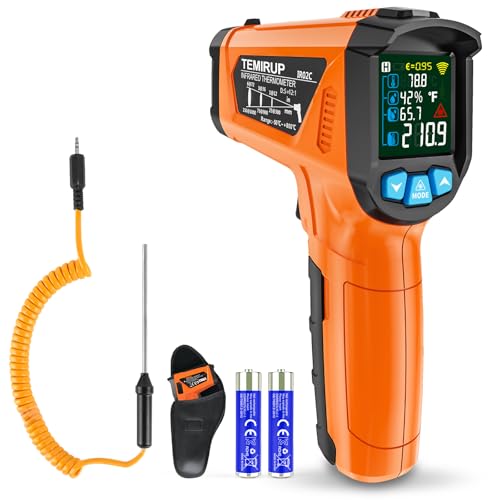 Infrared Thermometer Gun, TEMIRUP Digital Laser Temperature Gun, -58°F to 1472°F, Non Contact IR Temp Gun with Color LCD for Industrial, Cooking, Griddle, Engine, HVAC,Adjustable Emissivity & Humidity - color: Orange -58°F~1472°F (-50°C~800°C)