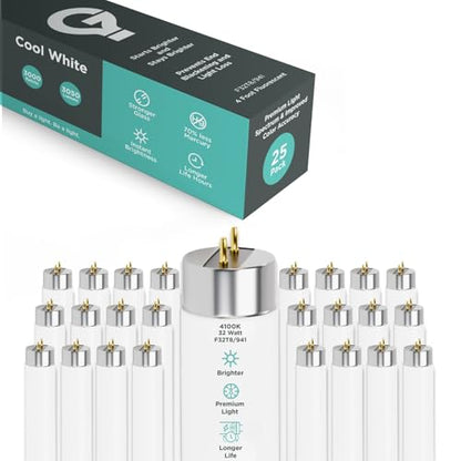 GoodBulb 25 Pack F32T8/841/ECO 32W 48 Inch T8 Fluorescent Light Bulb 4100K Cool White Light Color, Medium Bi-Pin Base 3050 Lumens 86 CRI 24000 Life Hours Instant/Programmed Start - color: 4100k