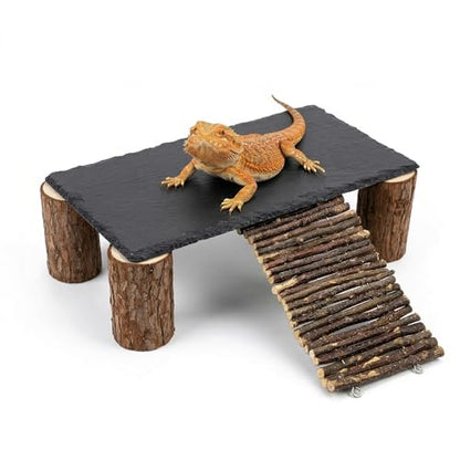 Bearded Dragon Basking Platform Natural Slate Rock with Wood Log Legs & Branch Ramp, Reptile Hide Basking Spot Tank Decor, Suitable for Leopard Gecko, Tortoise, Ball Python Small Black