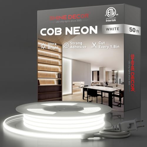 Shine Decor COB LED Rope Light AC 120V, 800lm Ultra Bright, IP65 Waterproof Cold-Resistant ETL Neon Strip, No Driver Tape Lighting for Home Commercial 10x4.5mm, 6000K Cool White, 50ft - color: 6000K Cool White, size: 50 ft