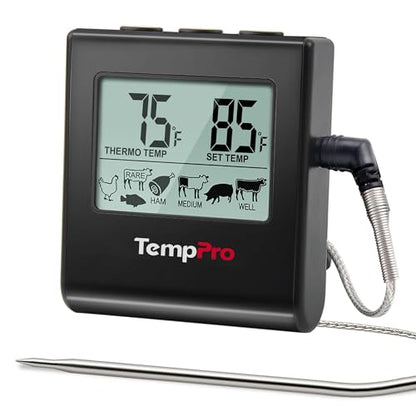 TempPro TP16 Large LCD Digital Meat Thermometer for Cooking, Smoking, Grilling, BBQ Food Temperature Indicator with Clock Timer and Stainless Steel Probe, Black(Previously ThermoPro) - color: Pure Black