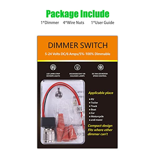 12V DC Dimmer Switch, 5-24 Volts Dimmer Switch PWM Waterproof for LED RV Lights Interior, Ceiling Lights, Halogen, Incandescent, Auto, Truck, Marine, Strip Lighting - Long Shaft