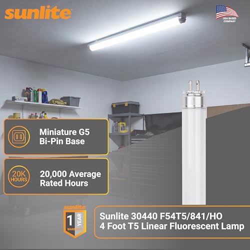 Sunlite 30440 F54T5/841/HO 4 Foot T5 Linear Fluorescent Lamp, 54 Watts, 5000 Lumens, 4100K Cool White, Miniature G5 Bi-Pin Base, ROHS Compliant, High Performance Straight Tube, 40 Pack - color: 4100k, style: 54 watts (45.80-Inch)