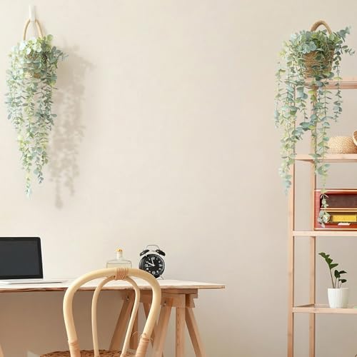 Fake Hanging Plant Decor Indoor, Eucalyptus Artificial Faux Plants in Wall Woven Planters, Jute Hanger with Black Pot Soft Green 2PCS 23Inch Long - size: Jute Hanger-2PCS
