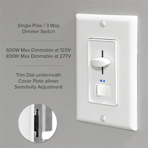 Maxxima Dimmer Light Switch, White, 3-Way/Single Pole, 0-10V Dimming | Low Voltage, Blue Indicator Light, Dimmable Lamp Control, Wall Plate Included