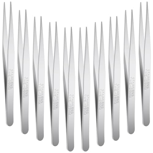 WILLBOND 10 Pcs Stainless Steel Tweezers Lab Forceps Long Tweezers with Flat Round Tip Hair Removal Tweezer Garden Tweezer Serrated Tip Straight 5 Inch for Plants, Craft, Electrical Repair