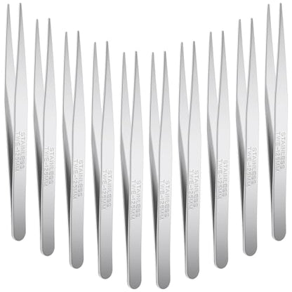 WILLBOND 10 Pcs Stainless Steel Tweezers Lab Forceps Long Tweezers with Flat Round Tip Hair Removal Tweezer Garden Tweezer Serrated Tip Straight 5 Inch for Plants, Craft, Electrical Repair