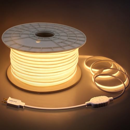 300FT Led Rope Lights Outdoor Waterproof 1 Roll IP67 Plug in with Clips 120V LED Strip Light 3000K Warm White Super Long Flexible Soft Led Light for Outdoor Building Commerica Holiday Decor - color: Warm White, size: 90M