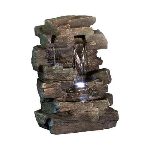 Alpine Corporation 13" Tall Indoor Tabletop Water Fountain, 4 Tier Cascading Water Feature with LED Lights for Home, Office, Living Room, or Zen Decor, Gray - style: Stacked Stone w/ LED