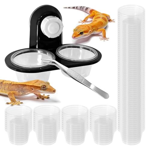 Black Gecko Feeding Ledge with 100 PCS 0.7 oz Disposable Plastic Cups and 1 Tweezer, Detachable Suction Cup Reptile Food Water Feeding Station for Crested Gecko, Lizard, Small Reptiles and Amphibians