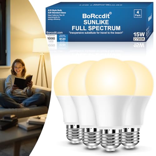 BoRccidt SunLike Full Spectrum Light Bulb 2700K Warm LED 15W=100W, Flicker-Free & UV-Free, 90+CRI & 30000H Lifespan, 4-Pack A19 E26/E27 Soft White Sunlight Light Bulbs for Humans, Home, Office, Plant - color: 2700k Warm White, size: 4 Packs