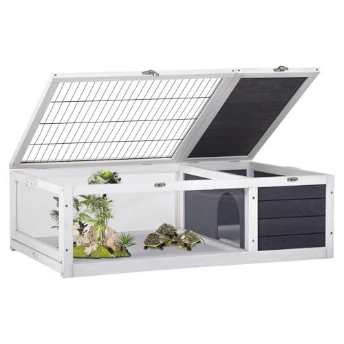 Wooden Tortoise House Tortoise Habitat Tortoise Cage Indoor Outdoor Tortoise Enclosure Large Transparent Tortoise Enclosure with Rest Area Activity Area Removable Tray for Small Medium Animals, Gray