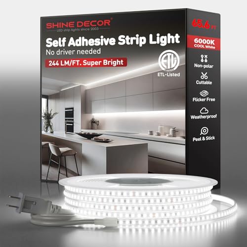 Shine Decor LED Strip Light Super Bright 16000LM, Plug&Play 120V Driverless Easy Wiring, Flicker Free Weatherproof for Outdoor Indoor, Min. 3.9” Cuttable Stickable, 6000K Cool White 65FT ETL Listed - color: Cold White, size: 65.6 Ft