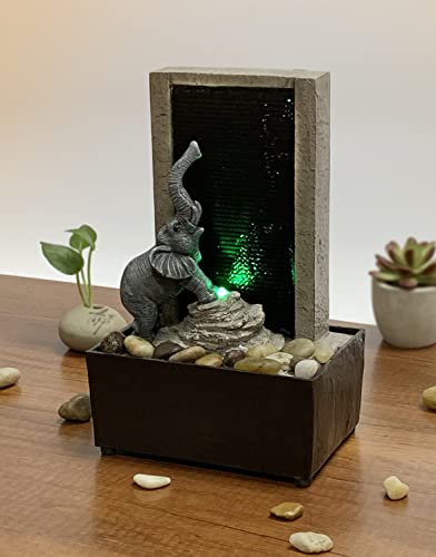 Nature's Mark 9" H Elephant Tabletop Water Fountain with Natural River Rocks and LED Lights (Power Cord Attached)