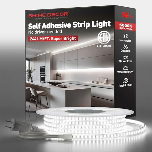 Shine Decor LED Strip Light Super Bright 12000LM, Plug&Play 120V Driverless Easy Wiring, Flicker Free Weatherproof for Outdoor Indoor, Min. 3.9” Cuttable Stickable, 6000K Cool White 50FT ETL Listed - color: Cold White, size: 50 Ft