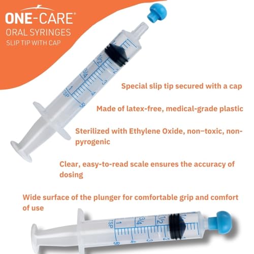 ONE-CARE 5ml Oral Syringe with Cap - Sterile, Individually Wrapped - 100 Syringes, Slip Tip, Uses include oral administration of medicine for infants, adults and animals - size: 5ml