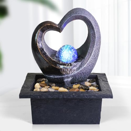 Ferrisland Tabletop Water Fountain, Zen Meditation Indoor Waterfall Fountain, Heart Shape Decoration with LED Light for Home Office Bedroom Relaxation Decor, Gift Ideas - color: Black