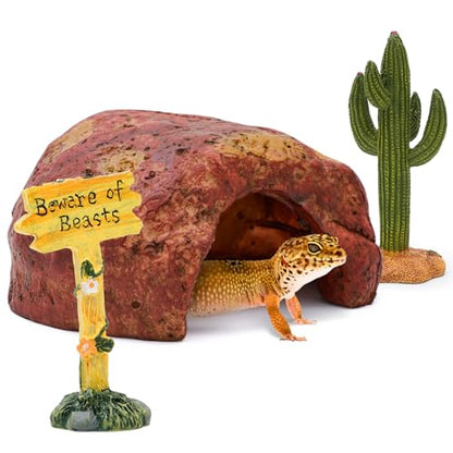 3-in-1 Desert Theme Reptile Rock Cave Hide for Leopard Gecko & Snake - Naturalistic Tank Habitat Decor Set with Cactus Model, Interactive Warning Sign & Moist Hideout (Small Size)