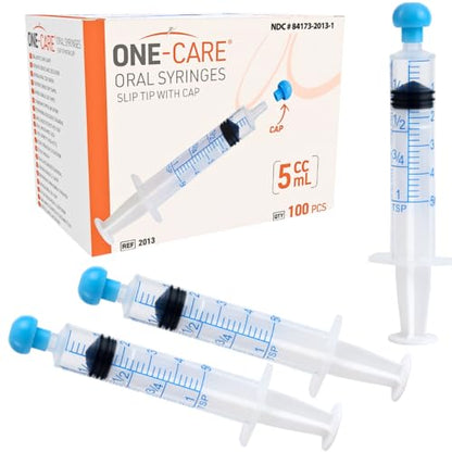 ONE-CARE 5ml Oral Syringe with Cap - Sterile, Individually Wrapped - 100 Syringes, Slip Tip, Uses include oral administration of medicine for infants, adults and animals - size: 5ml