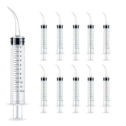 10PCS 12ml/cc Dental Irrigation Syringe - Curved Tip for Wisdom Teeth Cleaning, Tonsil Stones Removing, Lab Use and Feeding Small Pets