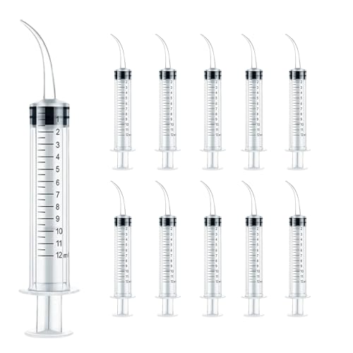 10PCS 12ml/cc Dental Irrigation Syringe - Curved Tip for Wisdom Teeth Cleaning, Tonsil Stones Removing, Lab Use and Feeding Small Pets