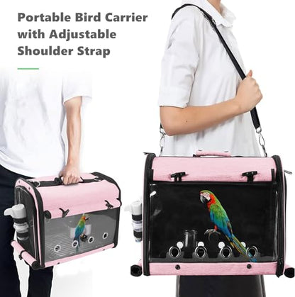 Bird Carrier Bag Bird Travel Cage with Stand, Lightweight Backpack for Parrot, Portable Bird Travel Bag, Pet Transparent Breathable Travel Cage, Pink - size: Large-Pink