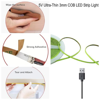 5V Ultra-Narrow 3mm USB COB LED Strip, Self-Adhesive Cabinet Desk Bedroom (Green, 2ft) - color: Green, size: 2ft